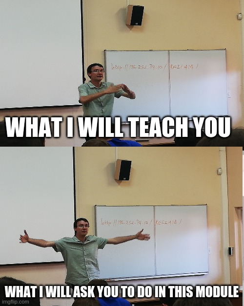 University humor | WHAT I WILL TEACH YOU; WHAT I WILL ASK YOU TO DO IN THIS MODULE | image tagged in college humor,university,college | made w/ Imgflip meme maker