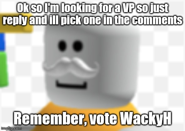 Ok so I'm looking for a VP so just reply and ill pick one in the comments; Remember, vote WackyH | made w/ Imgflip meme maker
