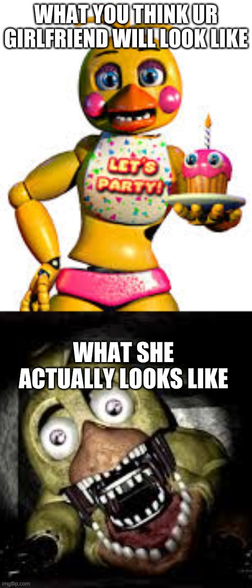 fnaf chica | WHAT YOU THINK UR GIRLFRIEND WILL LOOK LIKE; WHAT SHE ACTUALLY LOOKS LIKE | image tagged in fnaf2 | made w/ Imgflip meme maker