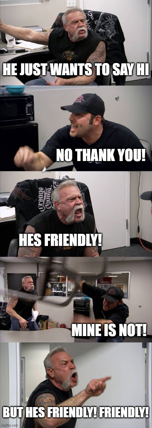 Friendly Dogs Meeting | HE JUST WANTS TO SAY HI; NO THANK YOU! HES FRIENDLY! MINE IS NOT! BUT HES FRIENDLY! FRIENDLY! | image tagged in memes,american chopper argument | made w/ Imgflip meme maker