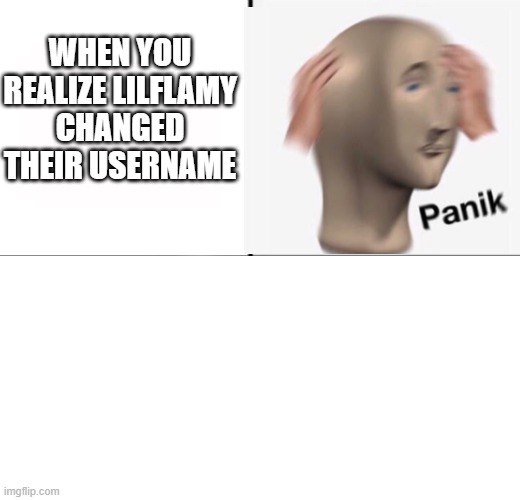just panik | WHEN YOU REALIZE LILFLAMY CHANGED THEIR USERNAME | image tagged in memes | made w/ Imgflip meme maker