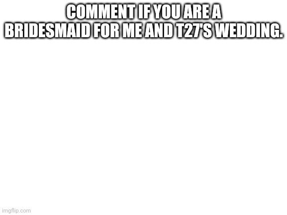 Blank White Template | COMMENT IF YOU ARE A BRIDESMAID FOR ME AND T27'S WEDDING. | image tagged in blank white template | made w/ Imgflip meme maker