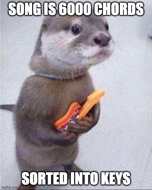 Otter holding guitar | SONG IS 6000 CHORDS; SORTED INTO KEYS | image tagged in otter holding guitar | made w/ Imgflip meme maker