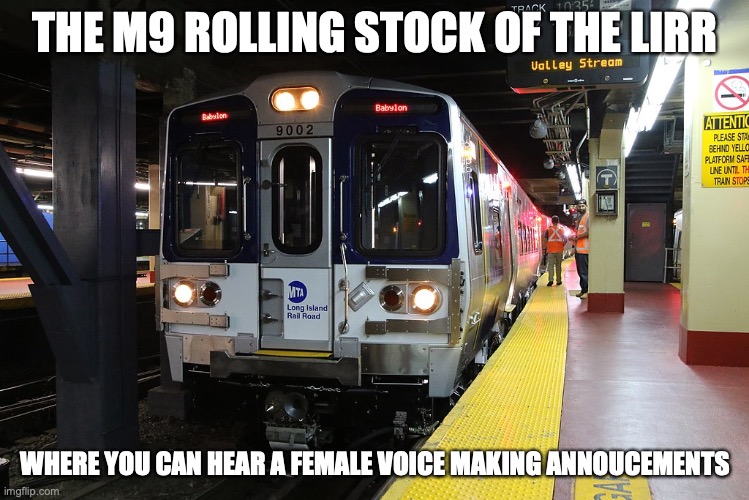 LIRR M9 Rolling Stock | THE M9 ROLLING STOCK OF THE LIRR; WHERE YOU CAN HEAR A FEMALE VOICE MAKING ANNOUCEMENTS | image tagged in train,memes,public transport | made w/ Imgflip meme maker