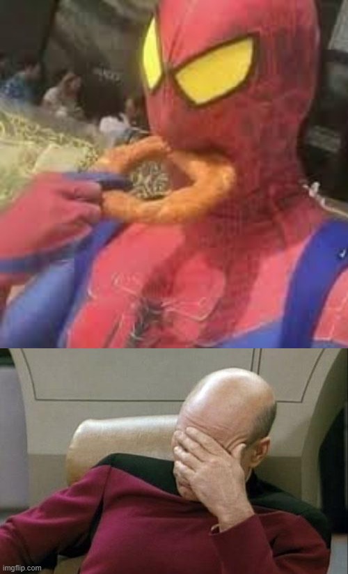 Oh geez... | image tagged in memes,captain picard facepalm,spiderman bagel | made w/ Imgflip meme maker