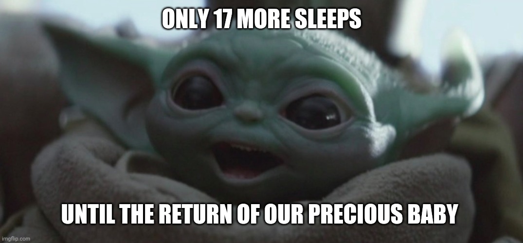 17 sleeps baby yoda | ONLY 17 MORE SLEEPS; UNTIL THE RETURN OF OUR PRECIOUS BABY | image tagged in happy baby yoda | made w/ Imgflip meme maker