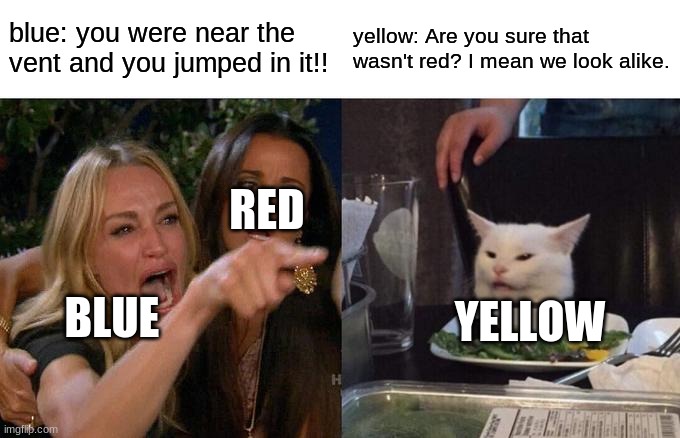 make no mistakes | blue: you were near the vent and you jumped in it!! yellow: Are you sure that wasn't red? I mean we look alike. RED; BLUE; YELLOW | image tagged in memes,woman yelling at cat | made w/ Imgflip meme maker