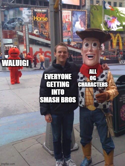 F FOR WALUIGI | WALUIGI; ALL OG CHARACTERS; EVERYONE GETTING INTO SMASH BROS | image tagged in disappointed elmo | made w/ Imgflip meme maker