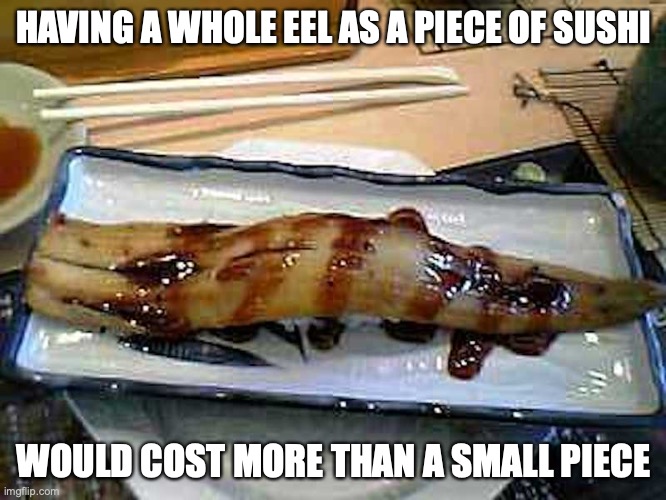 Conger Eel Nigirizushi | HAVING A WHOLE EEL AS A PIECE OF SUSHI; WOULD COST MORE THAN A SMALL PIECE | image tagged in memes,sushi,food | made w/ Imgflip meme maker