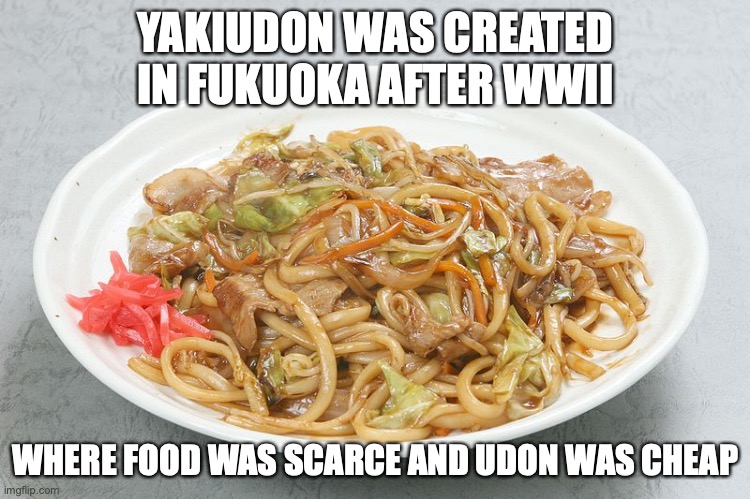 Yakiudon | YAKIUDON WAS CREATED IN FUKUOKA AFTER WWII; WHERE FOOD WAS SCARCE AND UDON WAS CHEAP | image tagged in noodles,memes,food | made w/ Imgflip meme maker