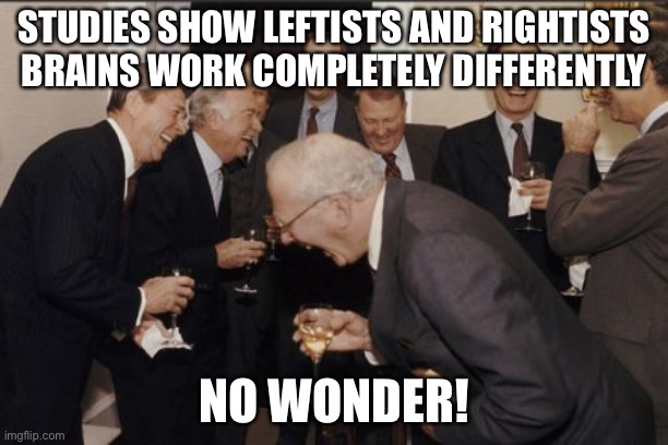 Laughing Men In Suits Meme | STUDIES SHOW LEFTISTS AND RIGHTISTS BRAINS WORK COMPLETELY DIFFERENTLY; NO WONDER! | image tagged in memes,laughing men in suits | made w/ Imgflip meme maker