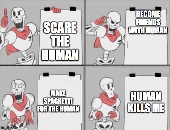 Papyrus plan | SCARE THE HUMAN; BECOME FRIENDS WITH HUMAN; MAKE SPAGHETTI FOR THE HUMAN; HUMAN KILLS ME | image tagged in papyrus plan | made w/ Imgflip meme maker