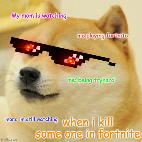 Doge Meme | My mom is watching; me playing fortnite; me: being tryhard; when i kill some one in fortnite; mom: im still watching | image tagged in memes,doge | made w/ Imgflip meme maker