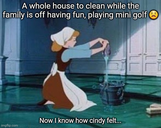 Cinderella Cleaning | A whole house to clean while the family is off having fun, playing mini golf ? Now I know how cindy felt... | image tagged in cinderella cleaning | made w/ Imgflip meme maker