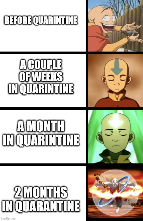 The Quarintine Cycle | BEFORE QUARINTINE; A COUPLE OF WEEKS IN QUARINTINE; A MONTH IN QUARINTINE; 2 MONTHS IN QUARANTINE | image tagged in expanding aang | made w/ Imgflip meme maker