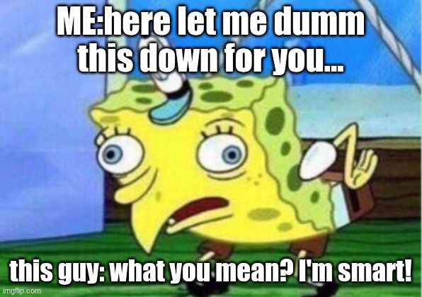 Mocking Spongebob Meme | ME: here let me dumb this down for you... this guy: what you mean? I'm smart! | image tagged in memes,mocking spongebob | made w/ Imgflip meme maker