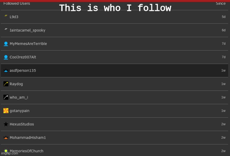 This is everyone I currently follow | This is who I follow | image tagged in cooljrez007 | made w/ Imgflip meme maker