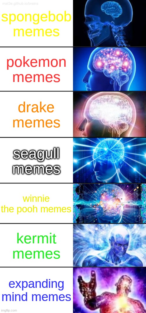 7-Tier Expanding Brain | spongebob memes; pokemon memes; drake memes; seagull memes; winnie the pooh memes; kermit memes; expanding mind memes | image tagged in 7-tier expanding brain,memes | made w/ Imgflip meme maker
