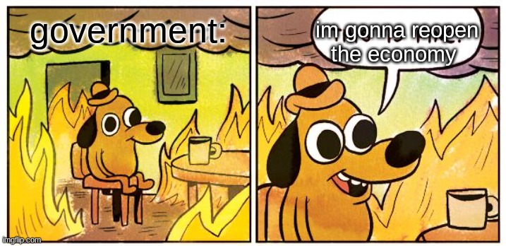 This Is Fine Meme | government:; im gonna reopen the economy | image tagged in memes,this is fine | made w/ Imgflip meme maker