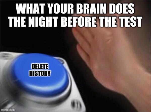 Blank Nut Button | WHAT YOUR BRAIN DOES THE NIGHT BEFORE THE TEST; DELETE
HISTORY | image tagged in memes,blank nut button | made w/ Imgflip meme maker