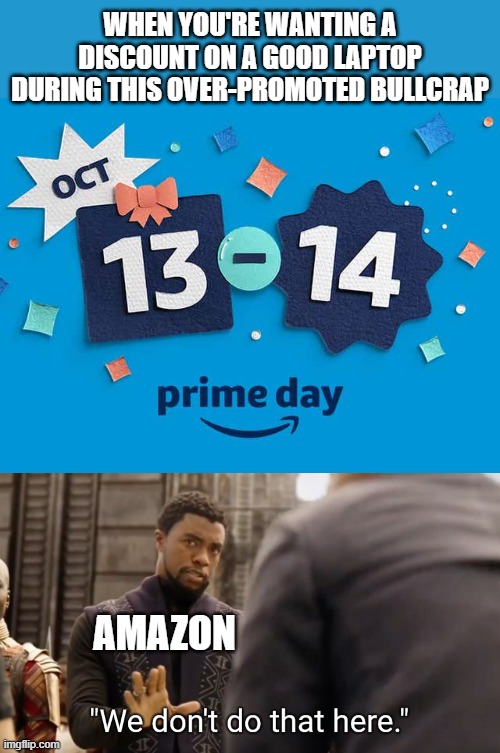 WTF, Amazon?! | WHEN YOU'RE WANTING A DISCOUNT ON A GOOD LAPTOP DURING THIS OVER-PROMOTED BULLCRAP; AMAZON | image tagged in we don't do that here,memes,amazon,prime day,laptop | made w/ Imgflip meme maker