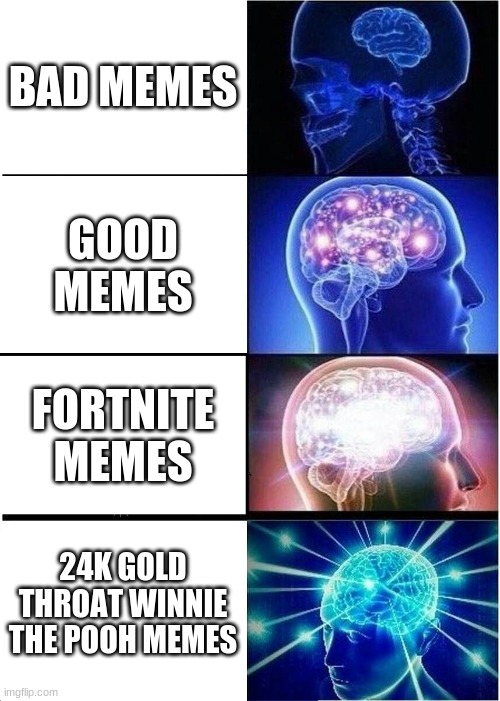 How memes usually turn out for me | BAD MEMES; GOOD MEMES; FORTNITE MEMES; 24K GOLD THROAT WINNIE THE POOH MEMES | image tagged in memes,expanding brain,cooljrez007 | made w/ Imgflip meme maker