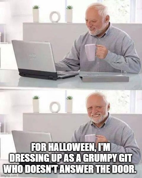 Hide the Pain Harold | FOR HALLOWEEN, I'M DRESSING UP AS A GRUMPY GIT WHO DOESN'T ANSWER THE DOOR. | image tagged in memes,hide the pain harold | made w/ Imgflip meme maker