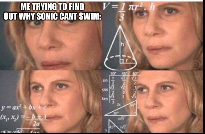 hedgehogs can swim so wtf | ME TRYING TO FIND OUT WHY SONIC CANT SWIM: | image tagged in sonic,wtf,math lady/confused lady | made w/ Imgflip meme maker