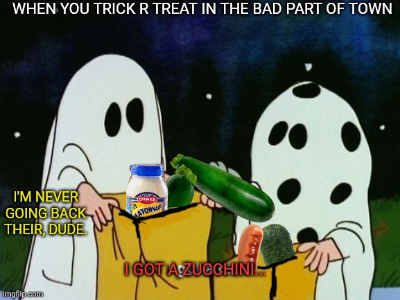 Trick r Treat 2 |  WHEN YOU TRICK R TREAT IN THE BAD PART OF TOWN; I'M NEVER GOING BACK THEIR, DUDE. I GOT A ZUCCHINI... | image tagged in trick or treat,peanuts,cucumber,spooktober | made w/ Imgflip meme maker