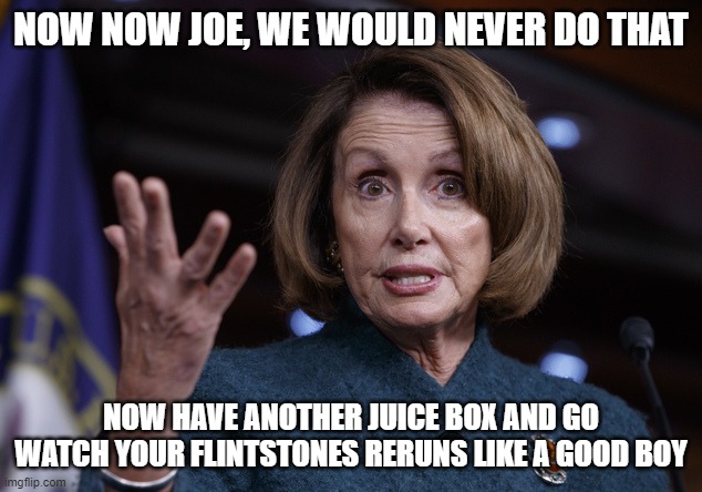 Good old Nancy Pelosi | NOW NOW JOE, WE WOULD NEVER DO THAT NOW HAVE ANOTHER JUICE BOX AND GO WATCH YOUR FLINTSTONES RERUNS LIKE A GOOD BOY | image tagged in good old nancy pelosi | made w/ Imgflip meme maker