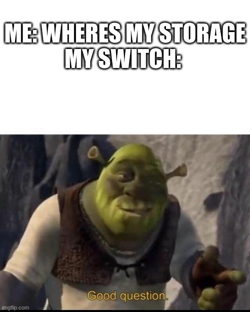 life be like | ME: WHERES MY STORAGE
MY SWITCH: | image tagged in shrek | made w/ Imgflip meme maker