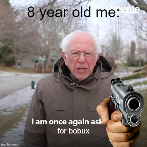 GIB MEE BOBUXXXXXXX | 8 year old me:; for bobux | image tagged in memes,bernie i am once again asking for your support | made w/ Imgflip meme maker