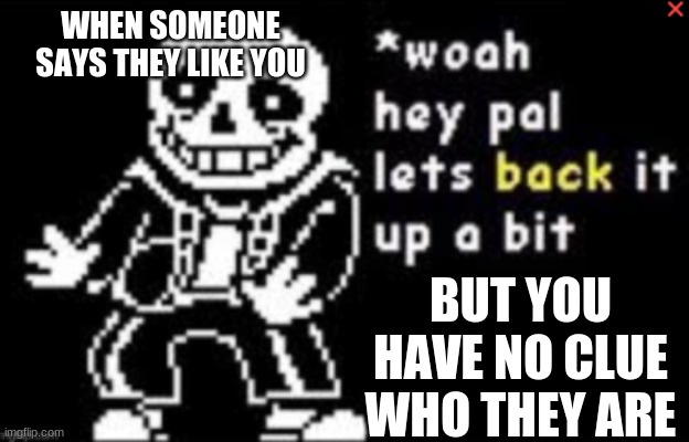 oop | WHEN SOMEONE SAYS THEY LIKE YOU; BUT YOU HAVE NO CLUE WHO THEY ARE | image tagged in lets back it up a bit,hey now,i just met you | made w/ Imgflip meme maker