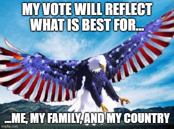 My vote 2020 w/ Eagle/Flag | MY VOTE WILL REFLECT WHAT IS BEST FOR... ...ME, MY FAMILY, AND MY COUNTRY | image tagged in eagle,american flag,vote | made w/ Imgflip meme maker