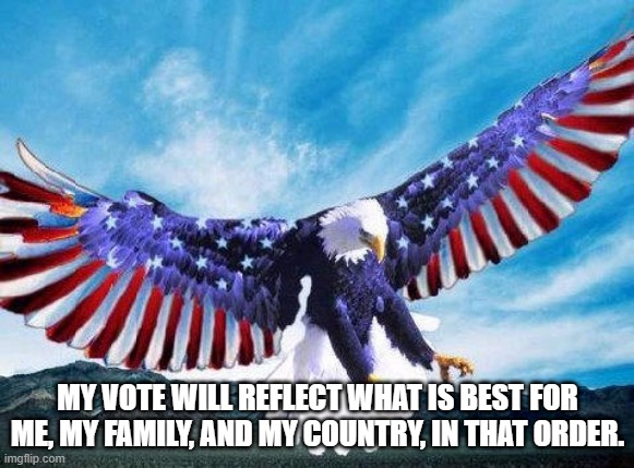 My Vote 2020 - Eagle/Flag #2 | MY VOTE WILL REFLECT WHAT IS BEST FOR ME, MY FAMILY, AND MY COUNTRY, IN THAT ORDER. | image tagged in patriotic eagle,american flag,vote | made w/ Imgflip meme maker