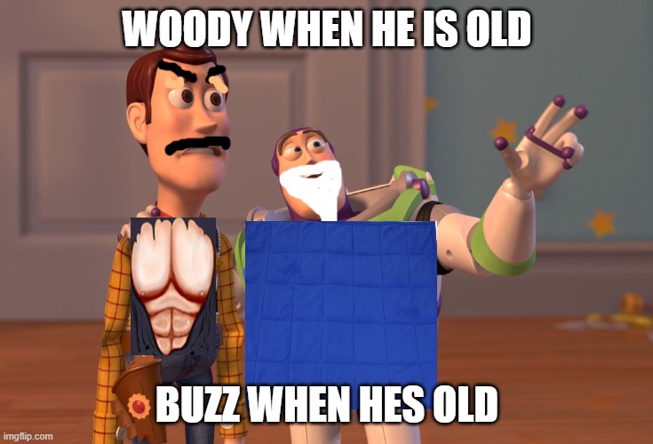 the toys when they are grown up | WOODY WHEN HE IS OLD; BUZZ WHEN HES OLD | image tagged in memes,x x everywhere | made w/ Imgflip meme maker