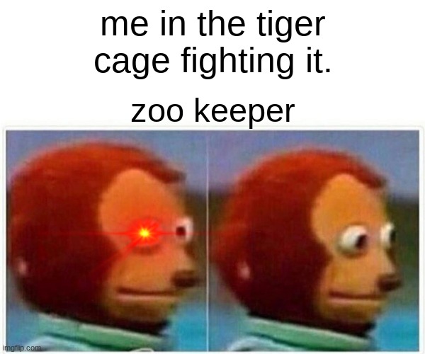 Monkey Puppet Meme | me in the tiger cage fighting it. zoo keeper | image tagged in memes,monkey puppet | made w/ Imgflip meme maker