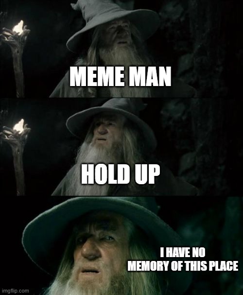 Confused Gandalf | MEME MAN; HOLD UP; I HAVE NO MEMORY OF THIS PLACE | image tagged in memes,confused gandalf | made w/ Imgflip meme maker