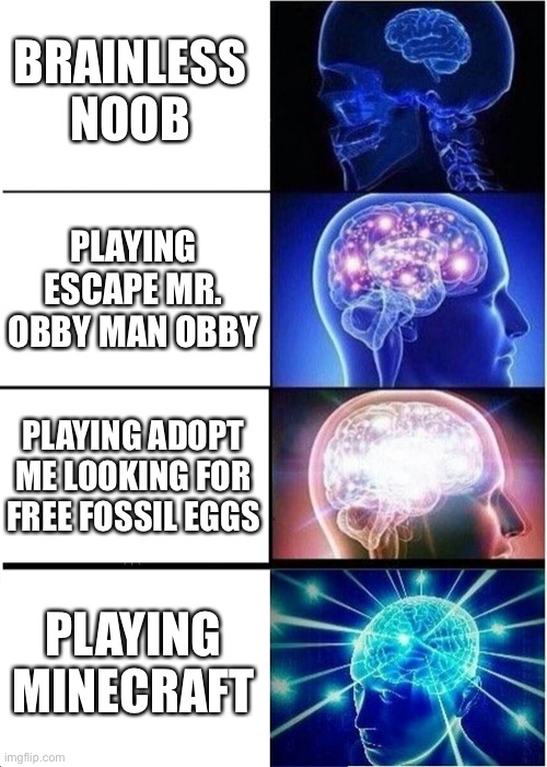 Robox sucks | BRAINLESS NOOB; PLAYING ESCAPE MR. OBBY MAN OBBY; PLAYING ADOPT ME LOOKING FOR FREE FOSSIL EGGS; PLAYING MINECRAFT | image tagged in memes,expanding brain,no roblox | made w/ Imgflip meme maker
