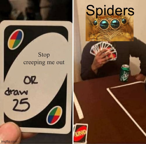 UNO Draw 25 Cards Meme | Spiders; Stop creeping me out | image tagged in memes,uno draw 25 cards | made w/ Imgflip meme maker