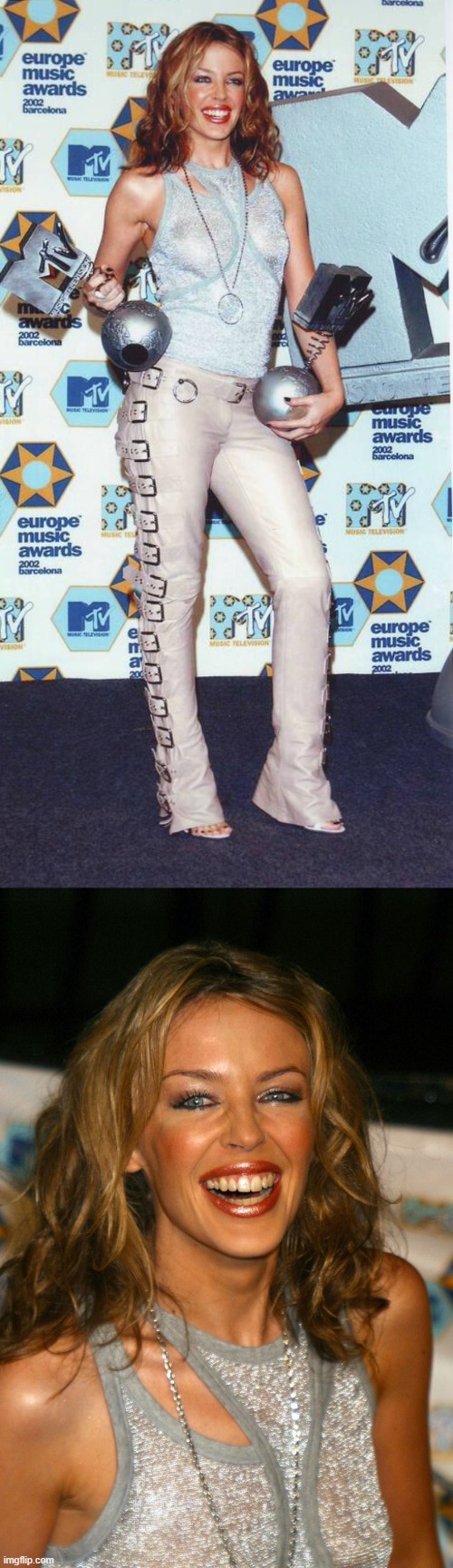 Kylie at the MTV EMA Awards with her two statuettes for best pop and dance artist, Barcelona, 2002. | image tagged in kylie at the mtv ema awards | made w/ Imgflip meme maker