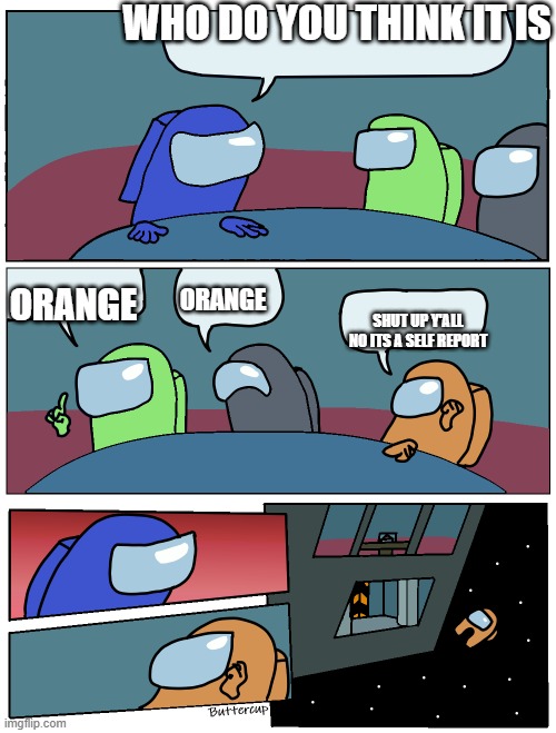 Among Us Meeting | WHO DO YOU THINK IT IS; ORANGE; ORANGE; SHUT UP Y'ALL NO ITS A SELF REPORT | image tagged in among us meeting | made w/ Imgflip meme maker