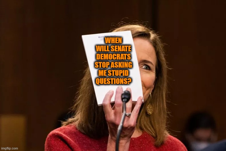 Just Wondering | WHEN WILL SENATE DEMOCRATS STOP ASKING ME STUPID QUESTIONS? | image tagged in amy coney barrett,scotus,senate judiciary committee | made w/ Imgflip meme maker