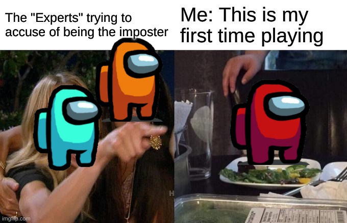 Among Us Meme | The "Experts" trying to accuse of being the imposter; Me: This is my first time playing | image tagged in memes,woman yelling at cat | made w/ Imgflip meme maker