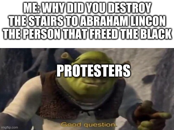 no wonder why | ME: WHY DID YOU DESTROY THE STAIRS TO ABRAHAM LINCON THE PERSON THAT FREED THE BLACK; PROTESTERS | image tagged in shrek good question | made w/ Imgflip meme maker
