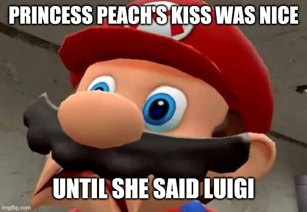 marioworld, broken edition | PRINCESS PEACH'S KISS WAS NICE; UNTIL SHE SAID LUIGI | image tagged in mario wtf | made w/ Imgflip meme maker