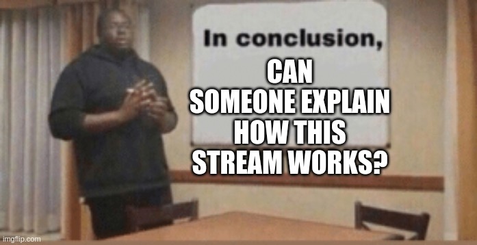 ?_? | CAN SOMEONE EXPLAIN HOW THIS STREAM WORKS? | image tagged in in conclusion | made w/ Imgflip meme maker