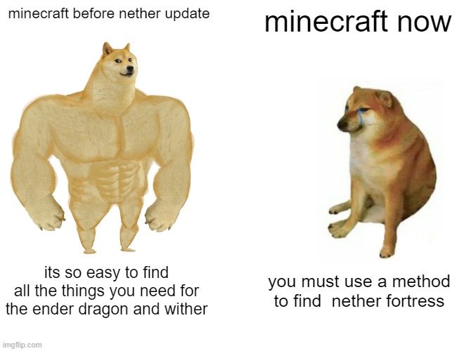 Buff Doge vs. Cheems Meme | minecraft before nether update; minecraft now; its so easy to find all the things you need for the ender dragon and wither; you must use a method to find  nether fortress | image tagged in memes,buff doge vs cheems | made w/ Imgflip meme maker