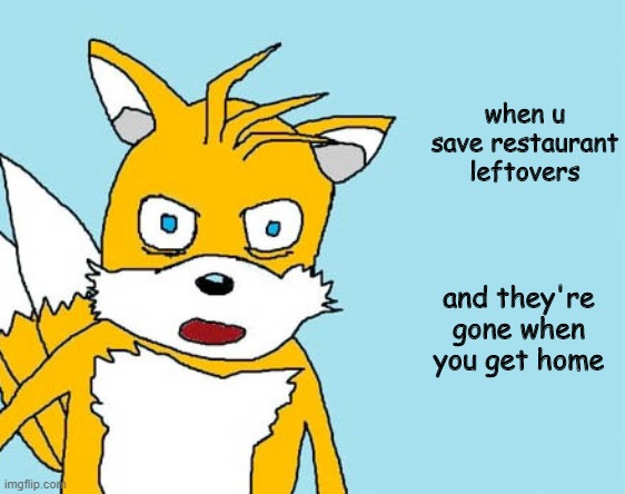 My own opinion | when u save restaurant leftovers; and they're gone when you get home | image tagged in angry tails,memes,funny,tails,gaming | made w/ Imgflip meme maker