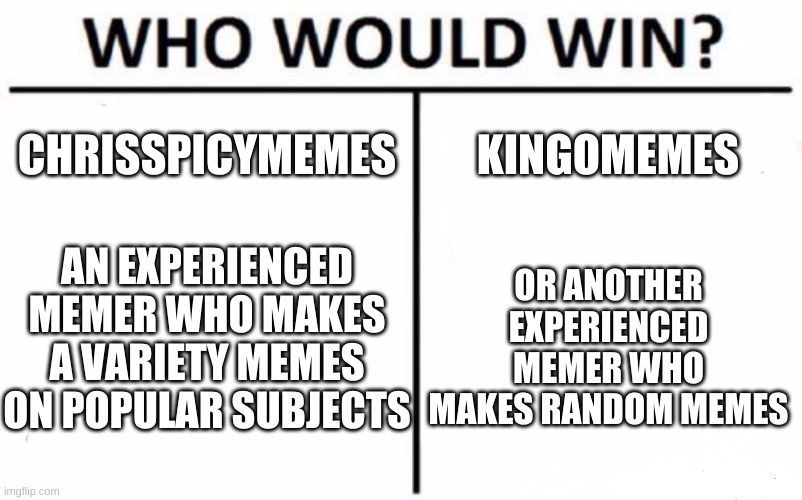 Who Would Win? Meme | CHRISSPICYMEMES; KINGOMEMES; AN EXPERIENCED MEMER WHO MAKES A VARIETY MEMES ON POPULAR SUBJECTS; OR ANOTHER EXPERIENCED MEMER WHO MAKES RANDOM MEMES | image tagged in memes,who would win | made w/ Imgflip meme maker
